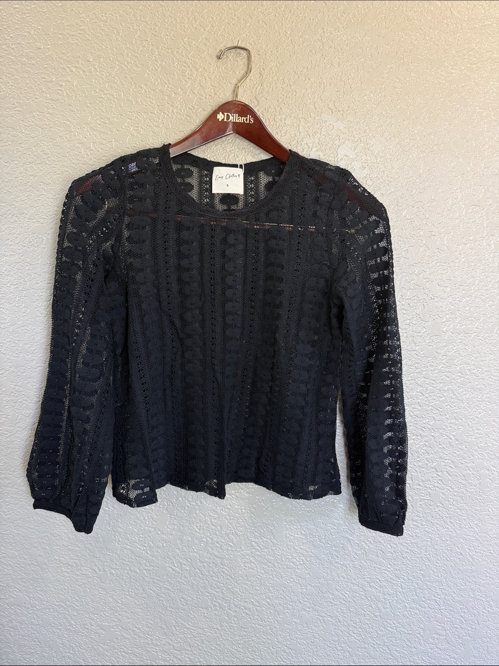 Easy clothes Black Lace Crochet Long Sleeve Top Small